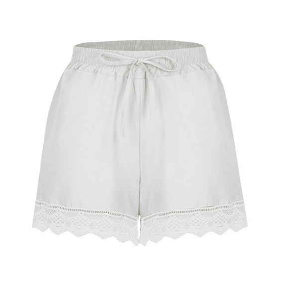 UAMVSH Plus Size Shorts for Women Cotton Linen Casual Wide Leg Shorts with Drawstring Soft Lace Trim Elastic Waist Shorts