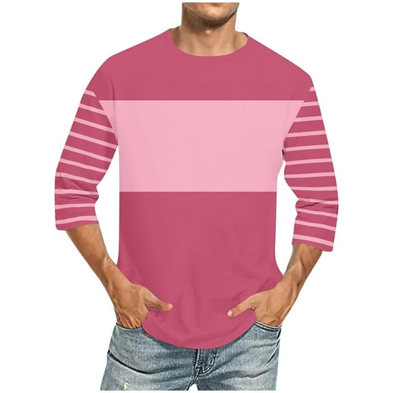 UAMVSH Plus Size Striped Shirts for Men Trendy Color Block Summer Fall Pullover Tops Casual Loose Fit Crew Neck Long Sleeve Tshirts(4X-Large,Pink)