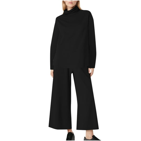 UAMVSH Plus Size Sweater Two Piece Sets for Women Lightweight Warm Turtleneck Knitted Outfits with Palazzo Wide Leg Pants Fall Winter(LargeBlack)