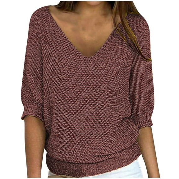 UAMVSH Plus Size Sweaters for Women Lightweight 3/4 Sleeve V-Neck Dressy Pullover Tops Oversized Casual Cable Knitted Sweaters(Small,Brown)