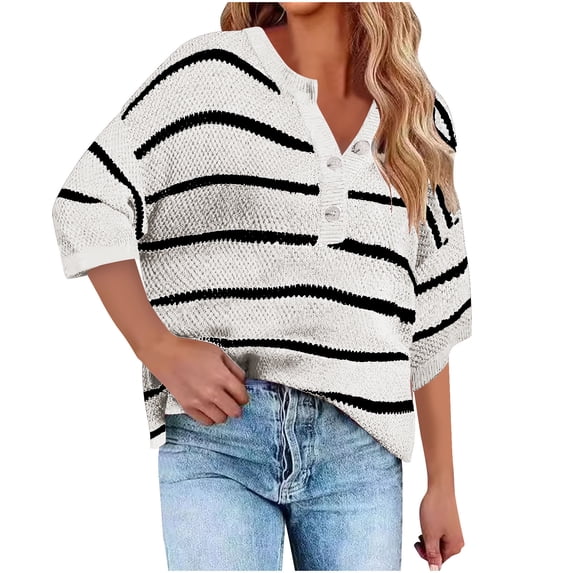 UAMVSH Plus Size Sweaters for Women Short Sleeve Striped Knit Tops Oversized Casual Button V Neck Tunic Shirts Fashion Clothing S-5XL