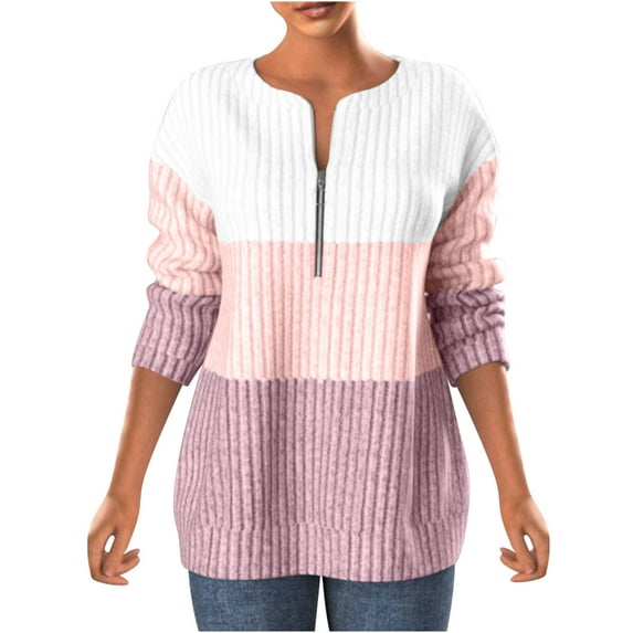 UAMVSH Plus Size Sweatshirts for Women Trendy Color Block Ribbed Pullover Tops 1/4 Zipper Casual Long Sleeve Tunic Shirts Ladies Fashion(Medium,Pink)