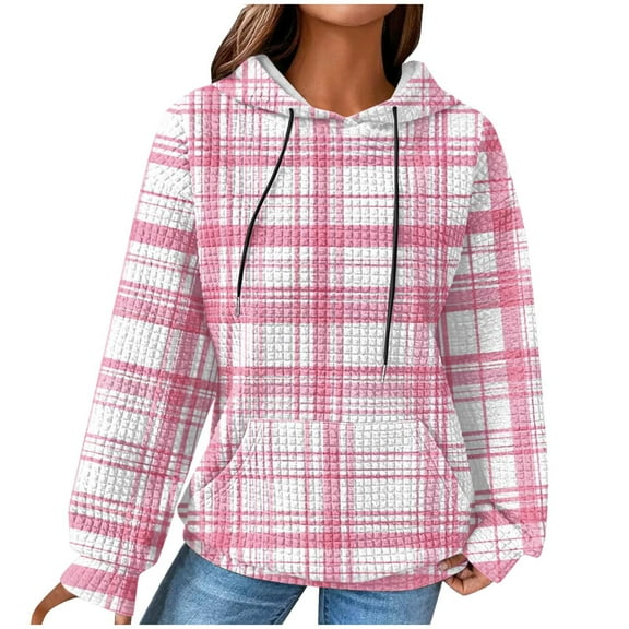 UAMVSH Plus Size Sweatshirts for Women Trendy Long Sleeve Plaid Hoodie with Pockets Casual Fall Drawstring Hooded Pullover(X-Large,Hot Pink)