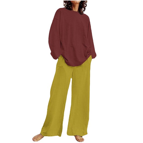 UAMVSH Plus Size Sweatsuit 2 Piece Outfits for Women Oversized Printed Sweatshirts and Palazzo Wide Leg Pants Lightweight Lounge Sets(XX-LargeYellow)