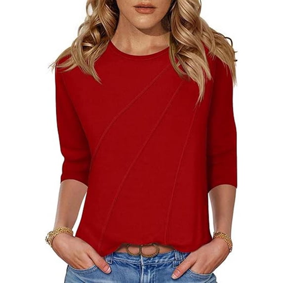 UAMVSH Plus Size Tops for Women 3/4 Sleeve Pleated Blouses Comfy Casual Crewneck Basic Tees Loose Fit Tunic Shirts