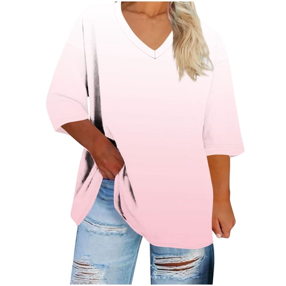 UAMVSH Plus Size Tops for Women Gradient Print Soft 3/4 Sleeve T-Shirt Trendy Casual V Neck Oversized Summer Tees S-5XL