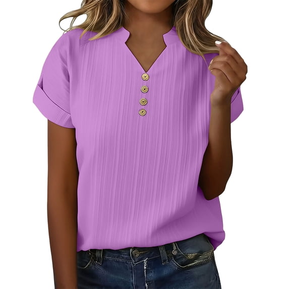 UAMVSH Plus Size Tops for Women Short Sleeve Tunic Shirts Textured Casual Button V Neck Oversized T-Shirt Summer Clothes