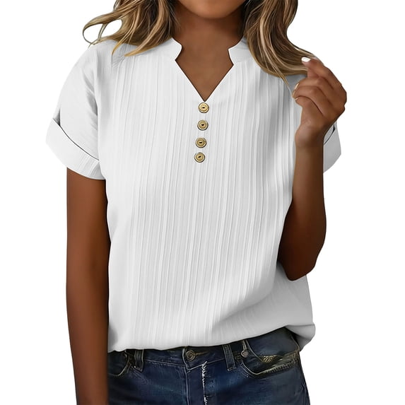 UAMVSH Plus Size Tops for Women Short Sleeve Tunic Shirts Textured Casual Button V Neck Oversized T-Shirt Summer Clothes