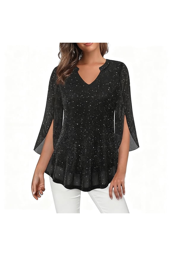Plus Size Tops for Women Split 3/4 Sleeve Mesh Shirt Dressy Casual Ruffle Sparkly V Neck Blouses for Club Party
