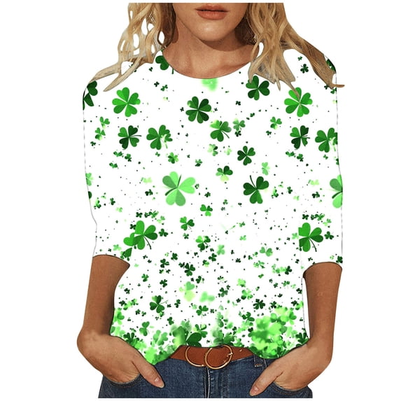 UAMVSH Plus Size Tops for Women St. Patrick's Day Printed Graphic Tees Oversized Casual 3/4 Sleeve Crewneck Tunic Shirts