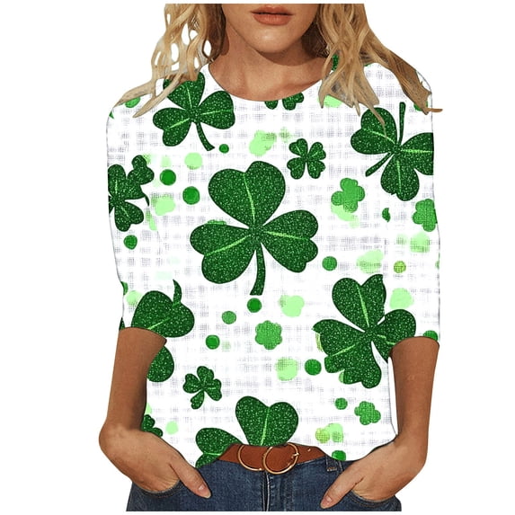 UAMVSH Plus Size Tops for Women St. Patrick's Day Printed Graphic Tees Oversized Casual 3/4 Sleeve Crewneck Tunic Shirts