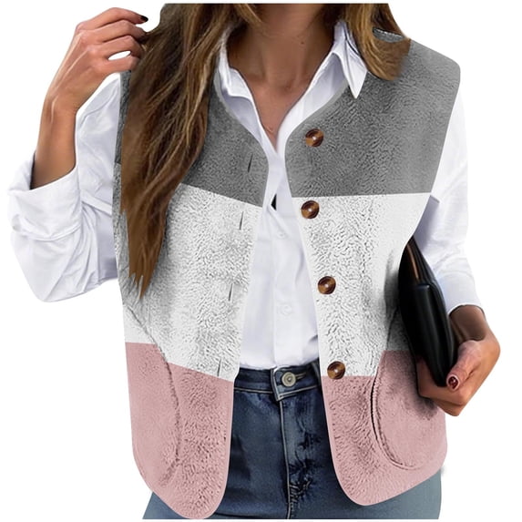 UAMVSH Plus Size Vest for Women Color Block Sleeveless Flannel Jacket Comfy Single Breasted Cropped Coat with Pockets Warm Winter Clothes