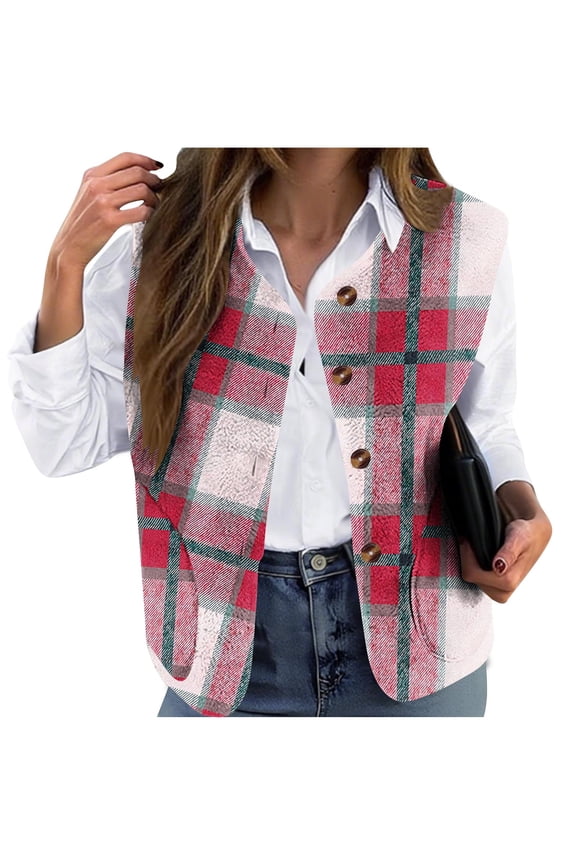 Plus Size Vest for Women Single Breasted Flannel Plaid Jacket Soft Warm Sleeveless Cropped Winter Coats with Pockets