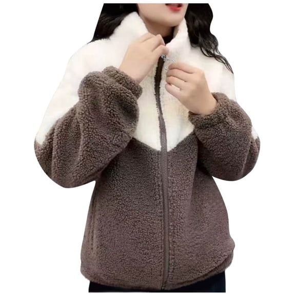 UAMVSH Plus Size Winter Coats for Women Color Block Casual Fleece Long Sleeve Warm Coats Soft Fuzzy Zipper Stand Collar Outwear