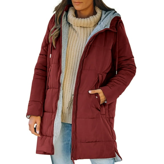 UAMVSH Puffer Coat for Women Casual Hooded Zip up Thicken Quilted Jackets with Pockets Baggy Lounge Warm Winter Outdoor Hoodie Parka(Large,Wine)