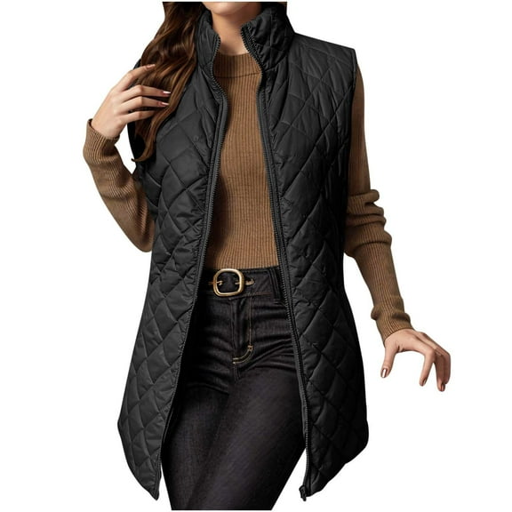 UAMVSH Quilted Vests for Women lightweight Sleeveless Puffer Vest Jackets Zip Up Stand Collar Gilet Coats parka With Pockets(Large,Black)