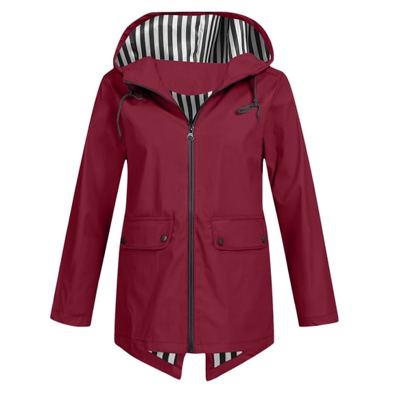 UAMVSH Rain Jackets for Women Fashion Plus Size Zipper Windbreaker Hoodie Oversized Long Sleeve Waterproof Hooded Raincoats Fall Outfits(Medium,Wine)