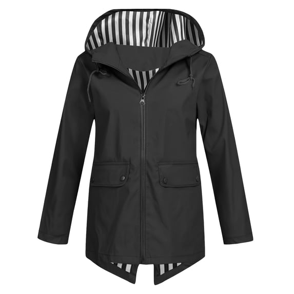 UAMVSH Rain Jackets for Women Fashion Plus Size Zipper Windbreaker Hoodie Oversized Long Sleeve Waterproof Hooded Raincoats Fall Outfits(Small,Black)