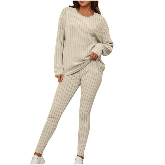 UAMVSH Ribbed 2 Piece Sets for Women Soft Knitted Sweater Pullover Tops with Leggings Trendy Long Sleeve Crew Neck Outfits(X-LargeBeige)