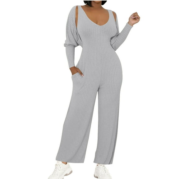 UAMVSH Ribbed Knitted 2 Piece Jumpsuit Outfits for Women Long Sleeve Crop Sweater Cardigan Sleeveless Wide Leg Tank Romper Sets(SmallGray)