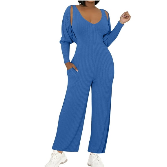 UAMVSH Ribbed Knitted 2 Piece Jumpsuit Outfits for Women Long Sleeve Crop Sweater Cardigan Sleeveless Wide Leg Tank Romper Sets(X-LargeBlue)
