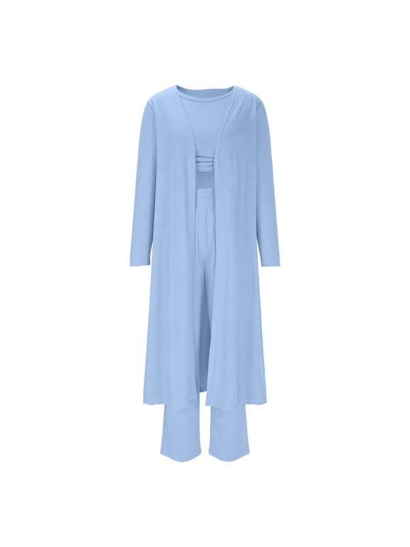 Ribbed Knitted 3 Piece Outfits for Women Long Sleeve Cardigan Dusters and Cropped Tank Tops with Wide Leg Pants Lounge Sets(MediumLight Blue)