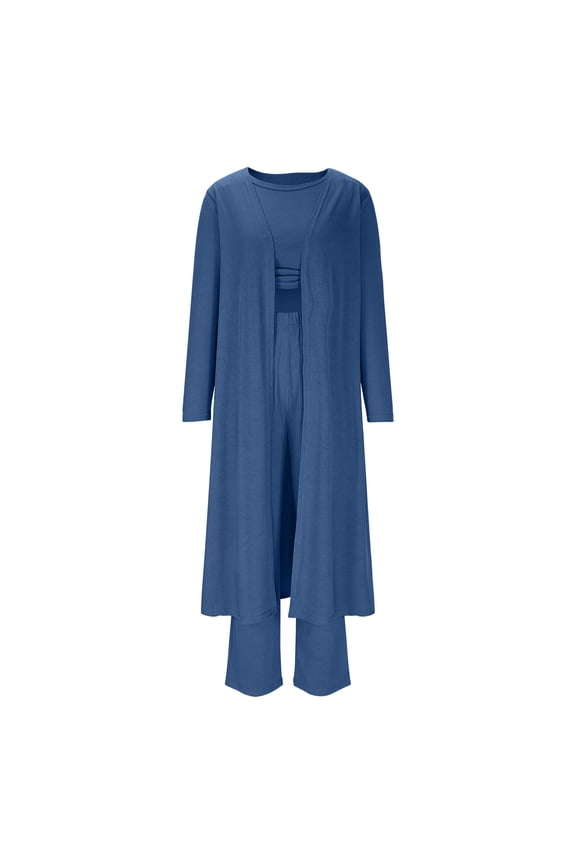 Ribbed Knitted 3 Piece Outfits for Women Long Sleeve Cardigan Dusters and Cropped Tank Tops with Wide Leg Pants Lounge Sets(SmallNavy)