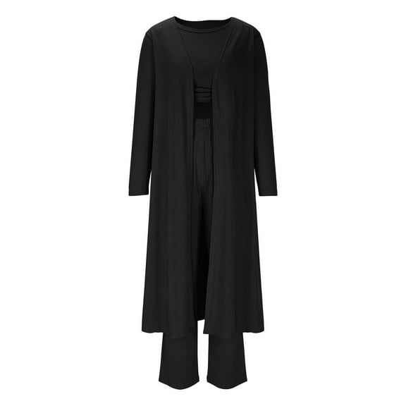 UAMVSH Ribbed Knitted 3 Piece Outfits for Women Long Sleeve Cardigan Dusters and Cropped Tank Tops with Wide Leg Pants Lounge Sets(XX-LargeBlack)
