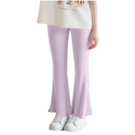 UAMVSH Ribbed Knitted Flared Pants for Girls Lightweight Fall Spring Casual Ruffle Bootcut Leggings Classic Bell Bottom Lounge Pants(3-4 Years,Purple)