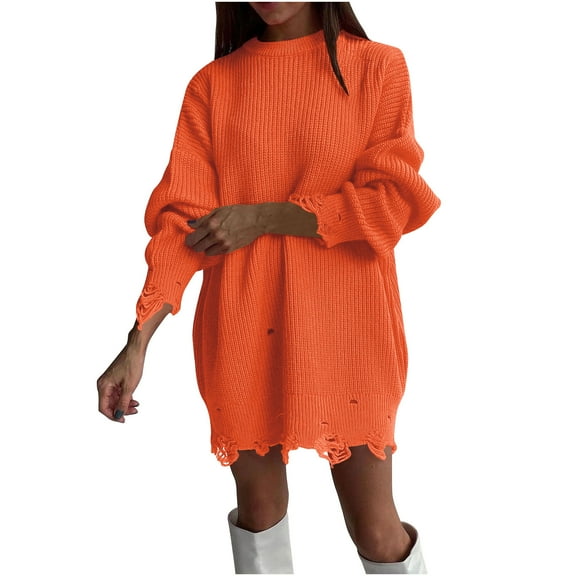 UAMVSH Ripped Sweaters Dresses for Women Oversized Crew Neck Long Sleeve Knitted Pullover Tops Trendy Distressed Solid Color Dresses(Medium,Watermelon Red)