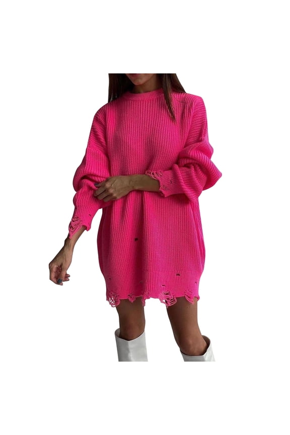 Ripped Sweaters Dresses for Women Oversized Crew Neck Long Sleeve Knitted Pullover Tops Trendy Distressed Solid Color Dresses(Large,Hot Pink)