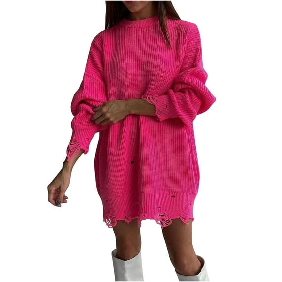 UAMVSH Ripped Sweaters Dresses for Women Oversized Crew Neck Long Sleeve Knitted Pullover Tops Trendy Distressed Solid Color Dresses(Large,Hot Pink)