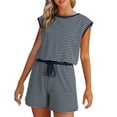thumbnail image 1 of UAMVSH Rompers for Women Fashionable Stripe Printed Short Jumpsuit Cap Sleeve Crew Neck Pockets Jumpers Clothes with Adjustable Drawstring, 1 of 4
