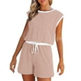 thumbnail image 1 of UAMVSH Rompers for Women Fashionable Stripe Printed Short Jumpsuit Cap Sleeve Crew Neck Pockets Jumpers Clothes with Adjustable Drawstring, 1 of 4