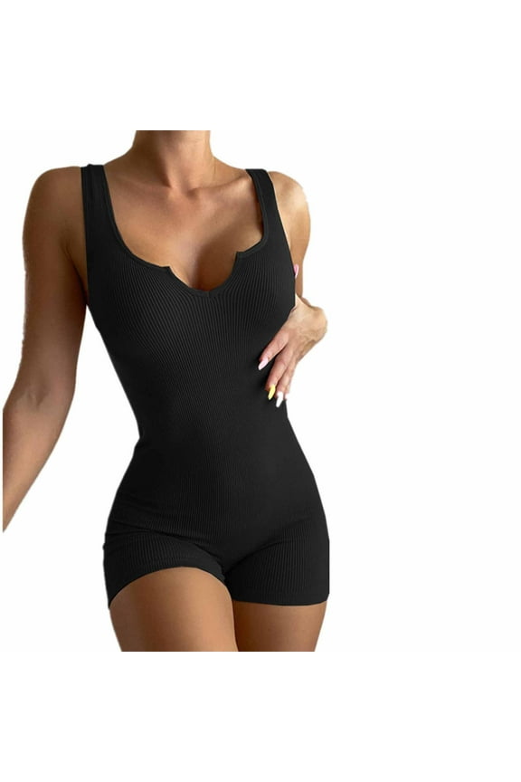 Rompers for Women Trendy Ribbed Knitted Skinny Short Jumpsuit Sleeveless Wide Strap Yoga Athletic Bodysuit Clothes