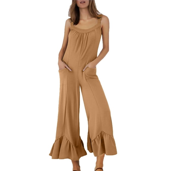 UAMVSH Rompers for Women Beach Trendy Pleated Front Wide Strap Long Jumpsuit with Pockets Sleeveless Summer Casual Ruffle Hem Overalls Clothes