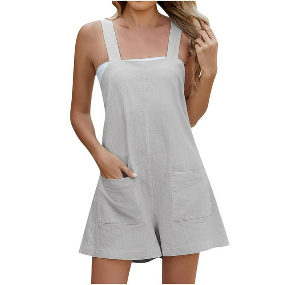 UAMVSH Rompers for Women Casual Summer Beach Sleeveless Short Jumpsuit Solid Color Baggy Wide Strap Overalls Clothes with Pockets