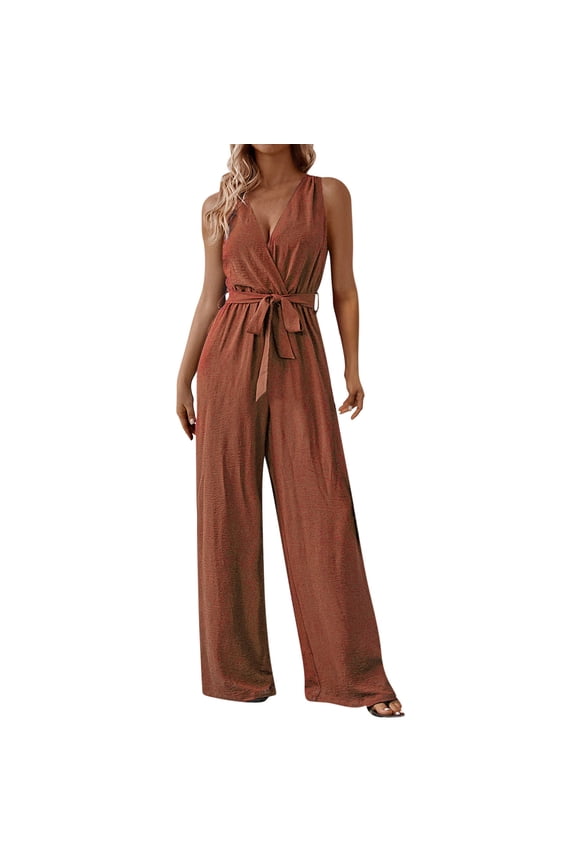 Rompers for Women Wrap Summer Front V-Neck Wide Strap Jumpsuit with Belt Soft Wide Leg Sleeveless Long Onesie Clothes
