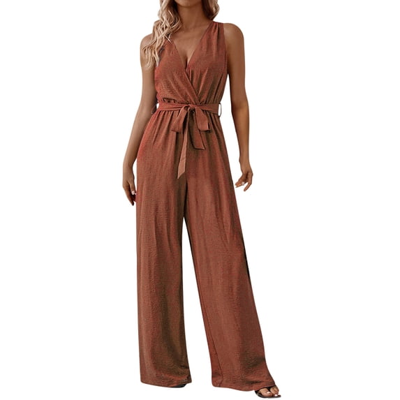 UAMVSH Rompers for Women Wrap Summer Front V-Neck Wide Strap Jumpsuit with Belt Soft Wide Leg Sleeveless Long Onesie Clothes