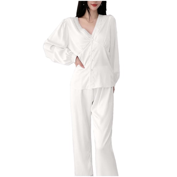 UAMVSH Satin Pajama Set for Women Lace Trim Long Sleeve Shirts and Pants Pj Set Casual Button V Neck Comfy Soft Loungewear