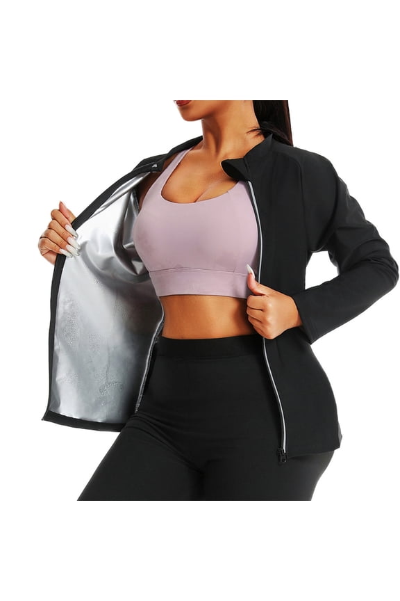 Sauna Suit for Women Long Sleeve Zip Up Jacket with Capri Leggings Casual Slim Fit Stand Collar Gym Workout Sets Two Piece Outfits