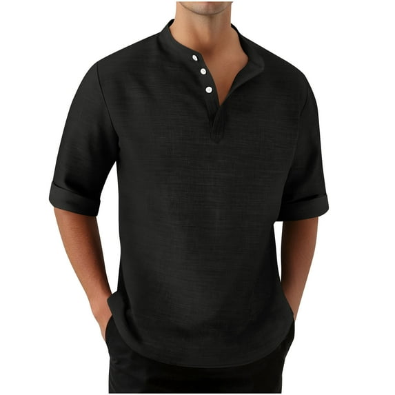 UAMVSH Shirts for Men Casual Half Sleeve Henley Neck Button down Tops Casual Summer Beach Vacation Tshirts Soft Solid Color Clothes(3X-Large,Black)