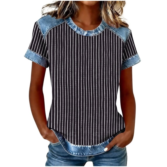 UAMVSH Short Sleeve Shirts for Women Crewneck Patchwork Knit Tops Casual Summer Loose Striped T Shirt Fashion Clothing