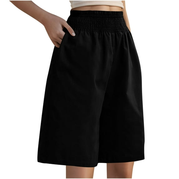 UAMVSH Shorts for Women Stretch High Waist Cotton Linen Casual Long Shorts with Pockets Knee Length Wide Leg Soft Capri Pants
