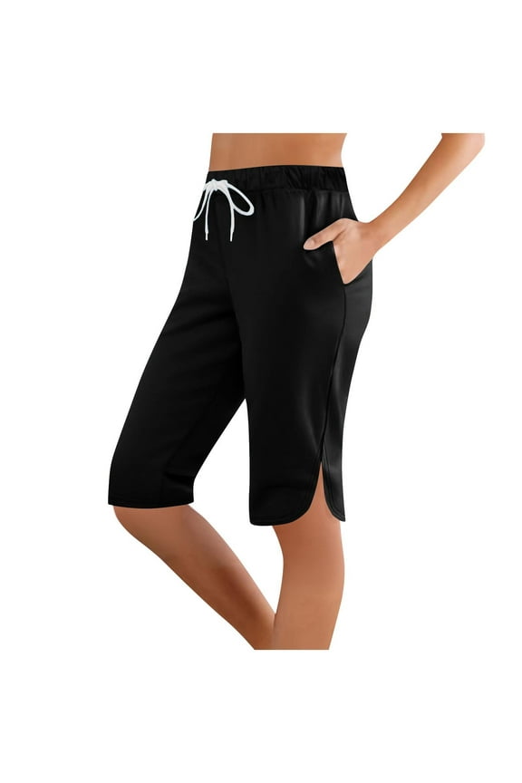 Shorts for Women Trendy Side Slit Comfy Knee Length Athletic Capri Pants Elastic Waist Drawstring Long Shorts with Pockets