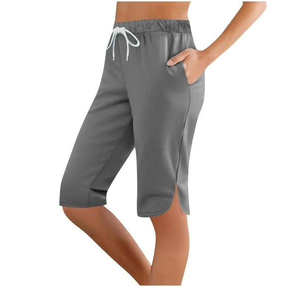 UAMVSH Shorts for Women Trendy Side Slit Comfy Knee Length Athletic Capri Pants Elastic Waist Drawstring Long Shorts with Pockets