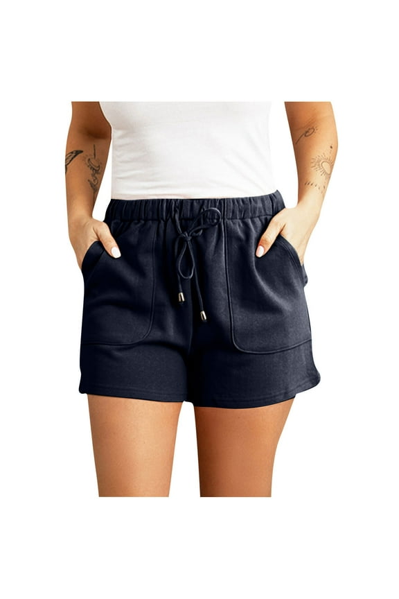 Shorts for Women Trendy Solid Color Wide Leg Casual Shorts with Pockets Elastic Waist Drawstring Loose Fit Shorts
