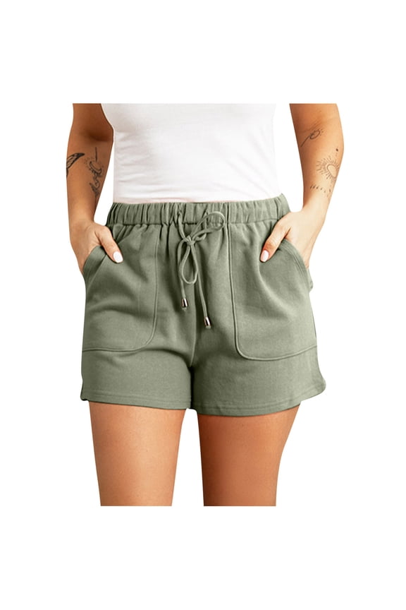 Shorts for Women Trendy Solid Color Wide Leg Casual Shorts with Pockets Elastic Waist Drawstring Loose Fit Shorts
