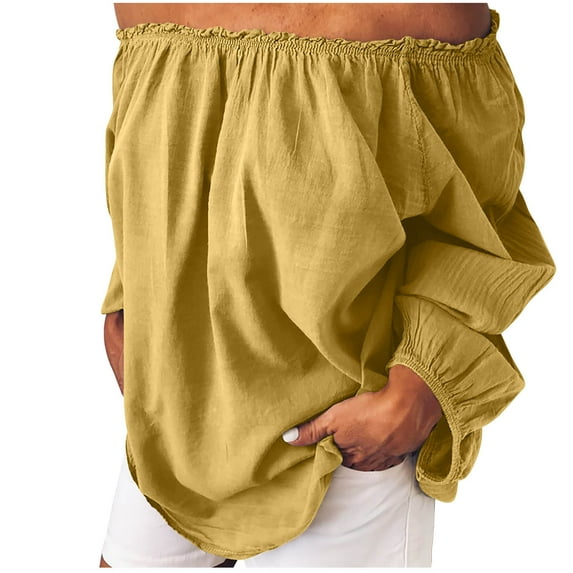 UAMVSH Off Shoulder Tops for Women Lightweight Plus Size Cotton Linen Blouses Baggy Long Sleeve Solid Color Casual Beach Vacation Shirts(X-Large,Yellow)