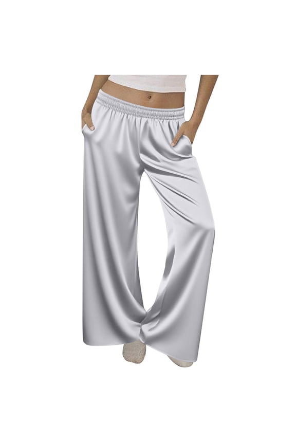 Silk Satin Pajama Pants for Women Palazzo Slack Straight Wide Leg Lounge Pants with Pockets Loose Fit Smooth Sleep Pants(Small,Gray)